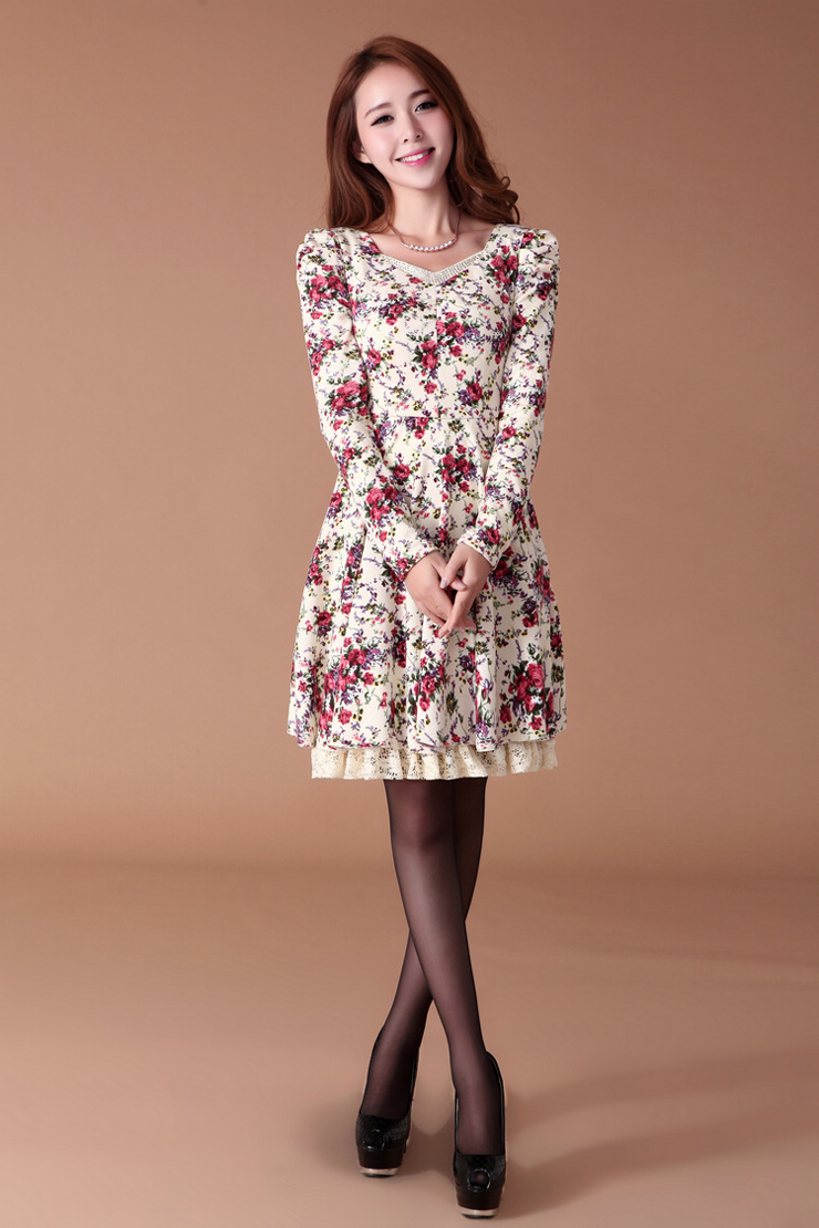 羽奥2013新款韩版女装花色裙子蕾丝春春款连衣裙长袖女92337 藏青碎花