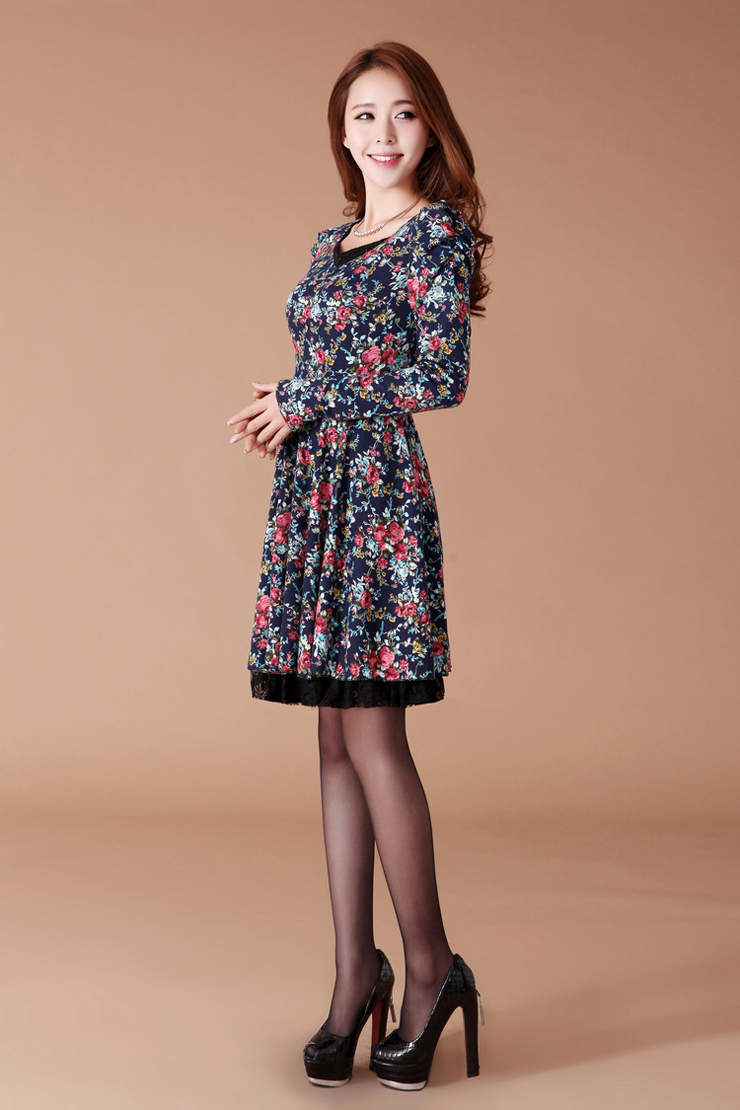 羽奥2013新款韩版女装花色裙子蕾丝春春款连衣裙长袖女92337 藏青碎花