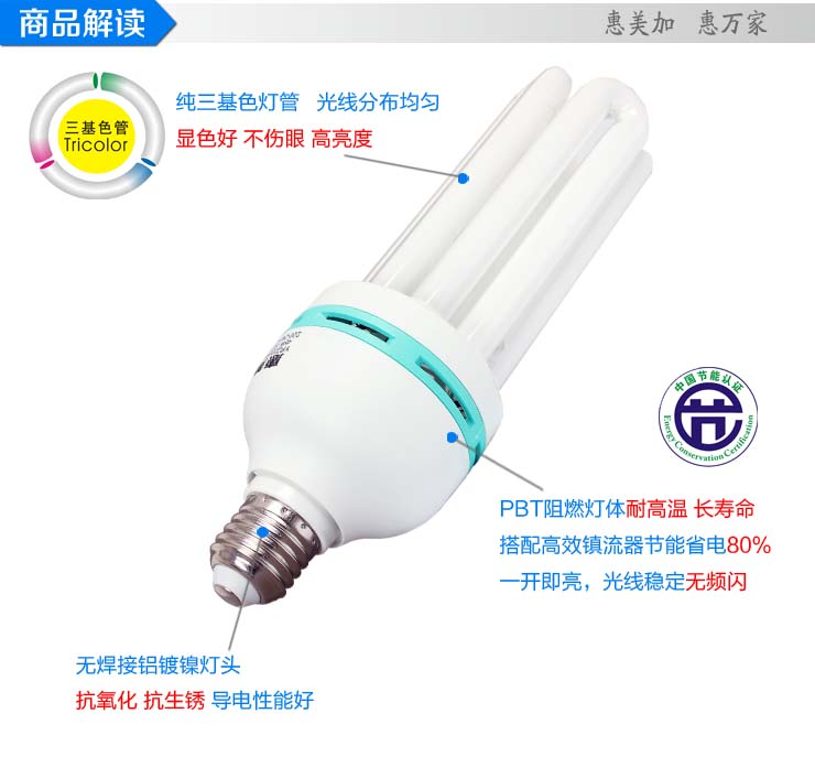 
                                        惠美加 4U45W节能灯E27螺旋灯头白光三基色柔和高亮省电灯泡家庭工程用大瓦数                