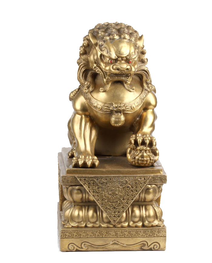 产品特点: 雄狮脚踏"绣球"雌狮脚护"幼子"蹲坐于铜台之上,气势雄伟