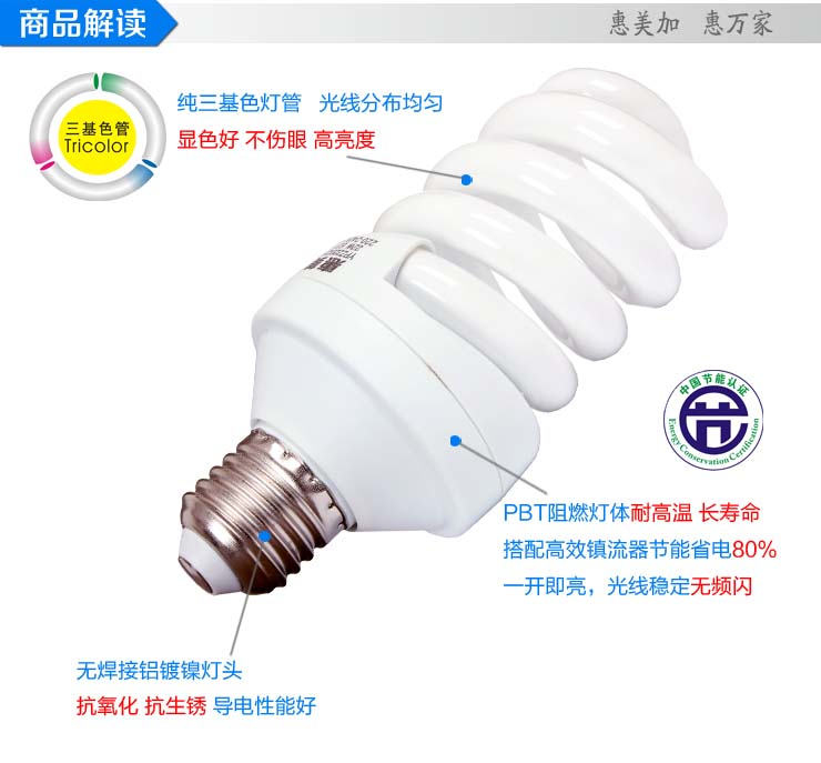 惠美加全螺旋24W节能灯荧光灯管E27螺旋灯口白光日光色纯三基色护眼螺旋型节能灯