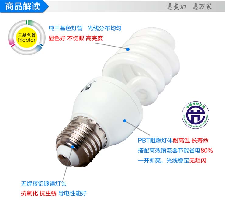 惠美加半螺旋HS13W节能灯泡E27大口6500K白光日光色 优雅主题光源