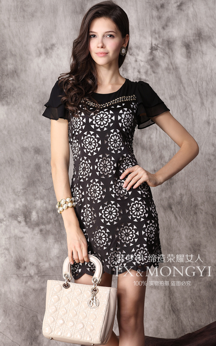 菲梦伊 2013夏装新款裙子 短袖雪纺荷叶边大码甜美连衣裙fx419 黑色