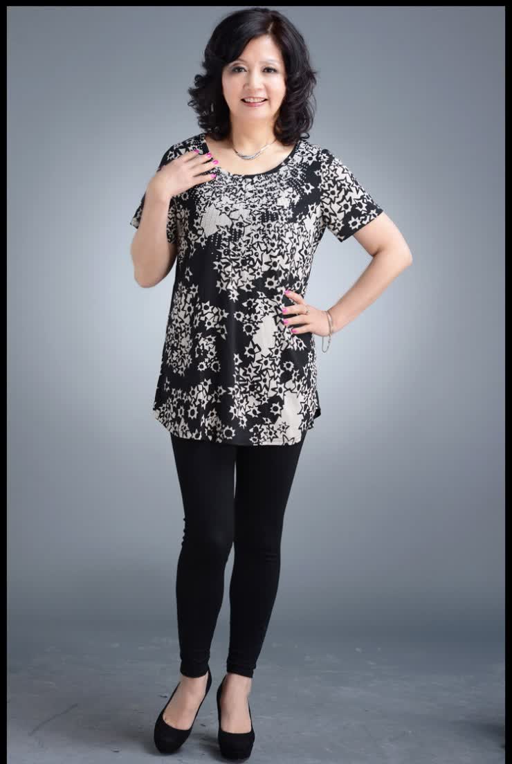 乐卡索中老年女装2013夏装新款短袖中长款t恤时尚妈妈装中年上衣 yd