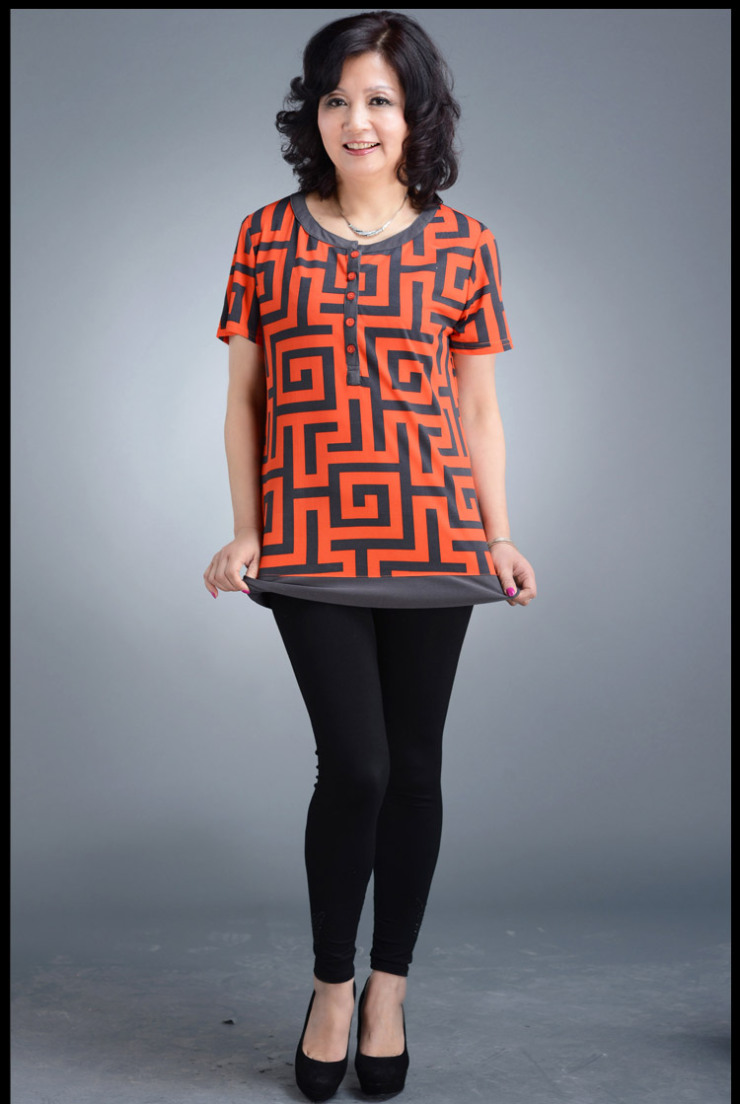 乐卡索 中年女装短袖t恤中老年夏装新款上衣时尚妈妈中