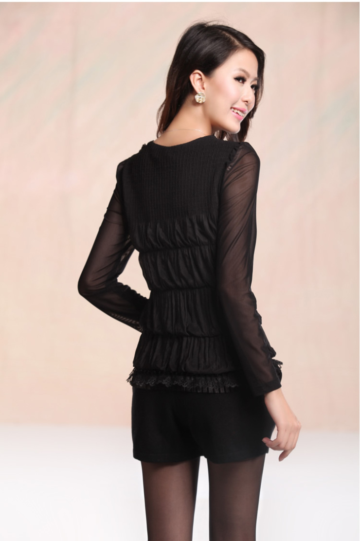 2013春装新款女装蛋糕长袖黑色上衣打底衫圆领蕾丝雪纺衫女008131