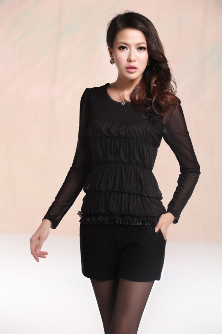 2013春装新款女装蛋糕长袖黑色上衣打底衫圆领蕾丝雪纺衫女008131