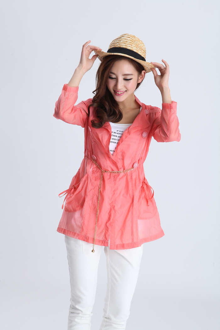 馨雨汀 2013夏装长袖透明防紫外线女装防晒衣外套 送腰带 xde313 西瓜