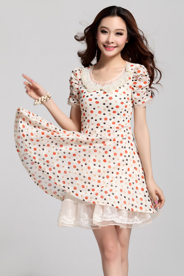 艾霏娅2013夏季新款韩版圆领钉珠印花圆点波点短袖雪纺连衣裙子 黑色