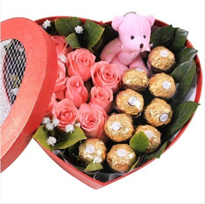 鲜花 粉玫瑰9枝费列罗巧克力9颗 玫瑰礼盒