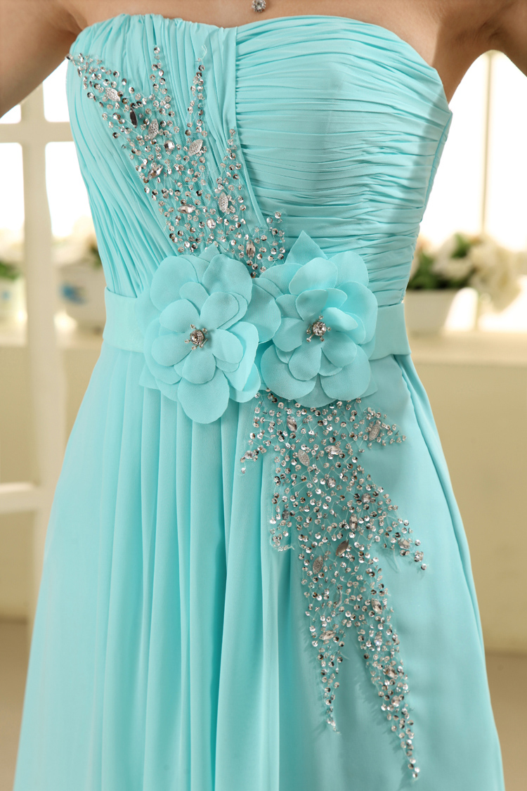 2013款结婚婚礼礼服绿色腰间大花朵水钻抹胸礼服敬酒服伴娘装 浅蓝色