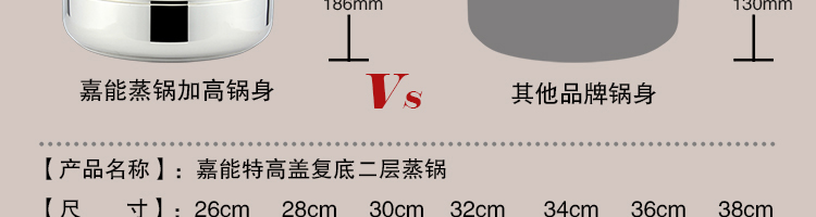 
                                        嘉能26-38cm不锈钢复底蒸锅二层双层电磁炉通用 双层无磁36cm                