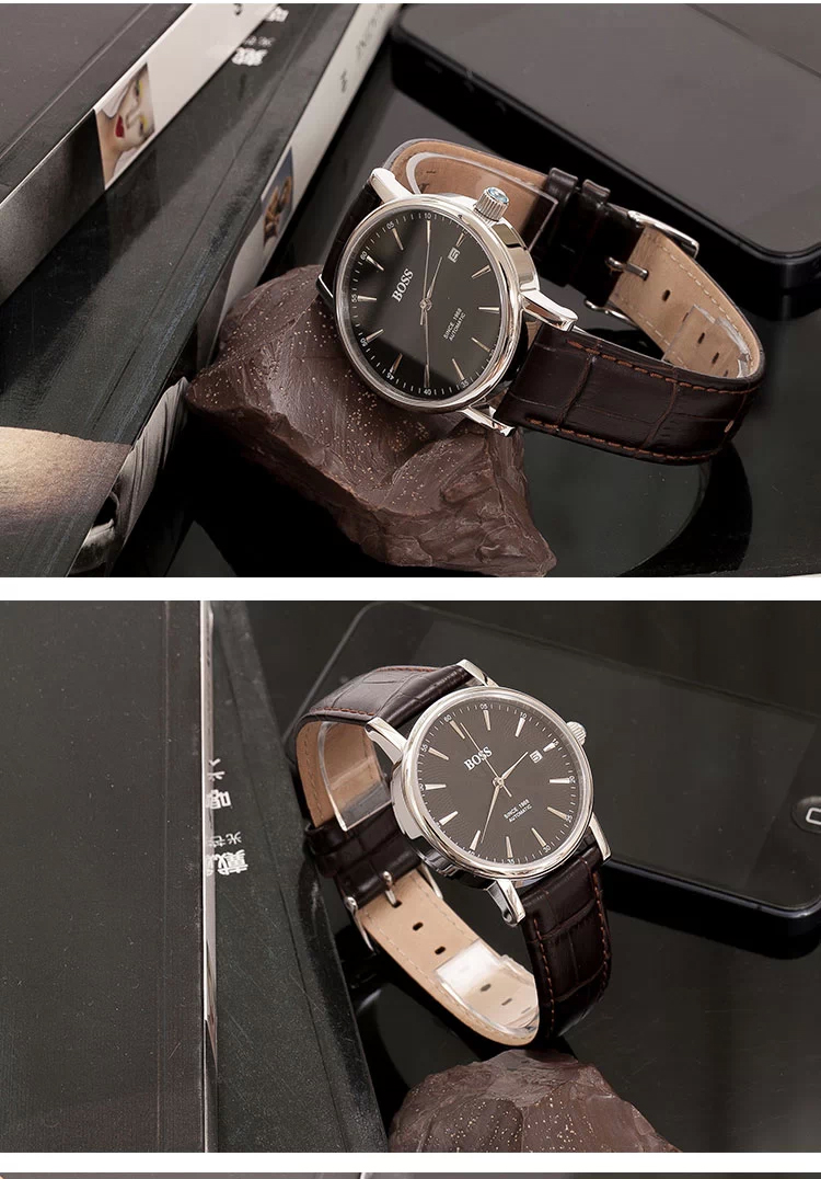 正品boss男士全自动机械手表真皮皮带时尚商务男表ba013白/ba014黑
