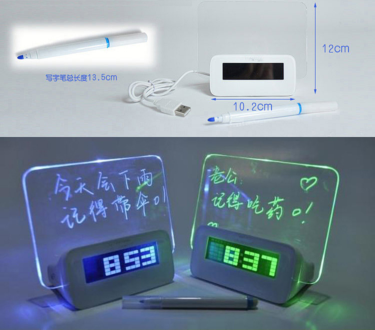 
                                        静音夜光荧光留言板闹钟 创意礼品 电子钟懒人时钟 情人节新年生日礼物 蓝光 赠荧光笔 蓝光USB版电源线+电源头                