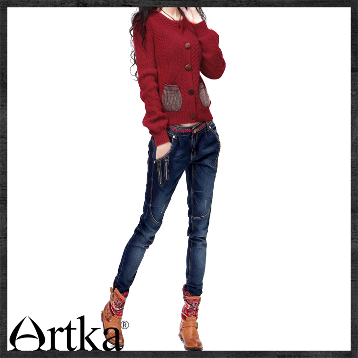 
                                        Artka阿卡牛仔裤女秋装新款小脚绣花翻边弹力修身铅笔裤长裤 深蓝色 29码                