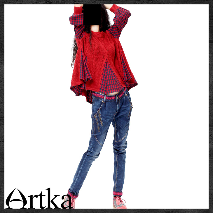 
                                        Artka阿卡牛仔裤女秋装新款小脚绣花翻边弹力修身铅笔裤长裤 深蓝色 29码                