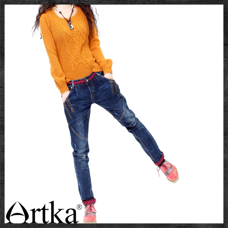 
                                        Artka阿卡牛仔裤女秋装新款小脚绣花翻边弹力修身铅笔裤长裤 深蓝色 29码                