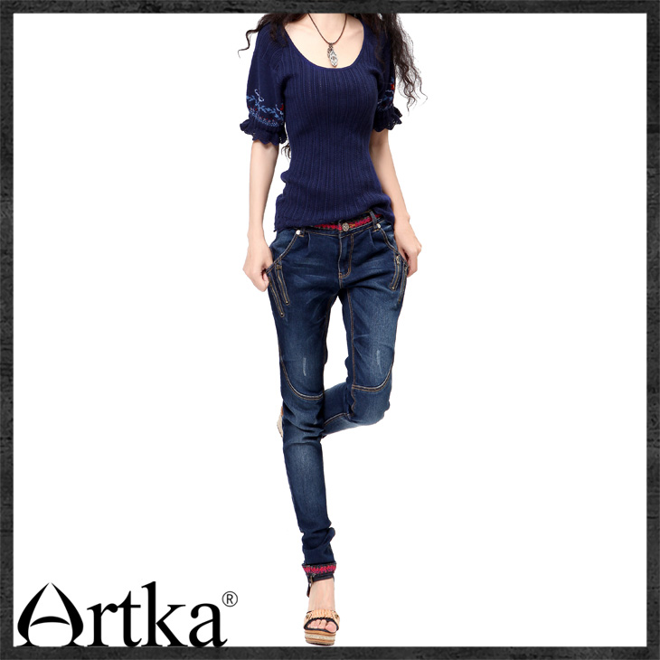 
                                        Artka阿卡牛仔裤女秋装新款小脚绣花翻边弹力修身铅笔裤长裤 深蓝色 29码                