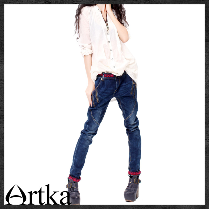 
                                        Artka阿卡牛仔裤女秋装新款小脚绣花翻边弹力修身铅笔裤长裤 深蓝色 29码                