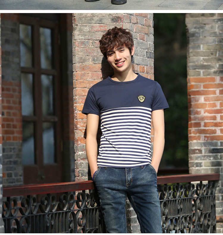 himto 2014春装新款韩版男士修身条纹短袖t恤 百搭休闲t恤男 黑色 xxl