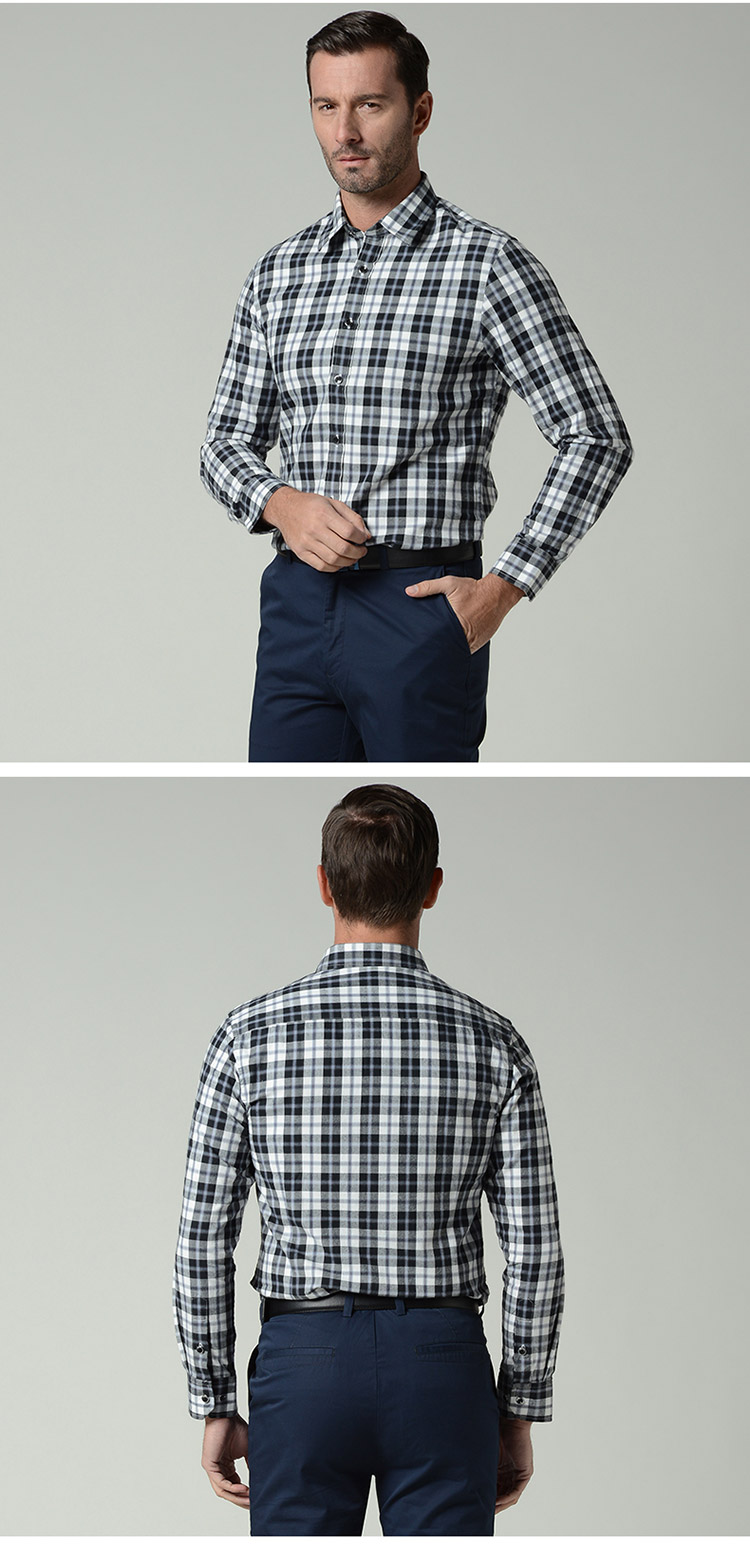 卡帝乐鳄鱼cartelo 春装新款男士高档磨毛黑白格时尚休闲长袖衬衫衬衣