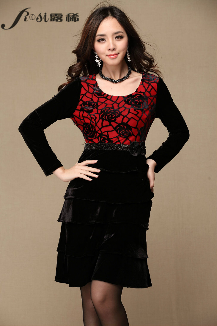 拼装玫瑰花高腰修身成熟优雅金丝绒长袖连衣裙贵妇名媛高贵中年女装
