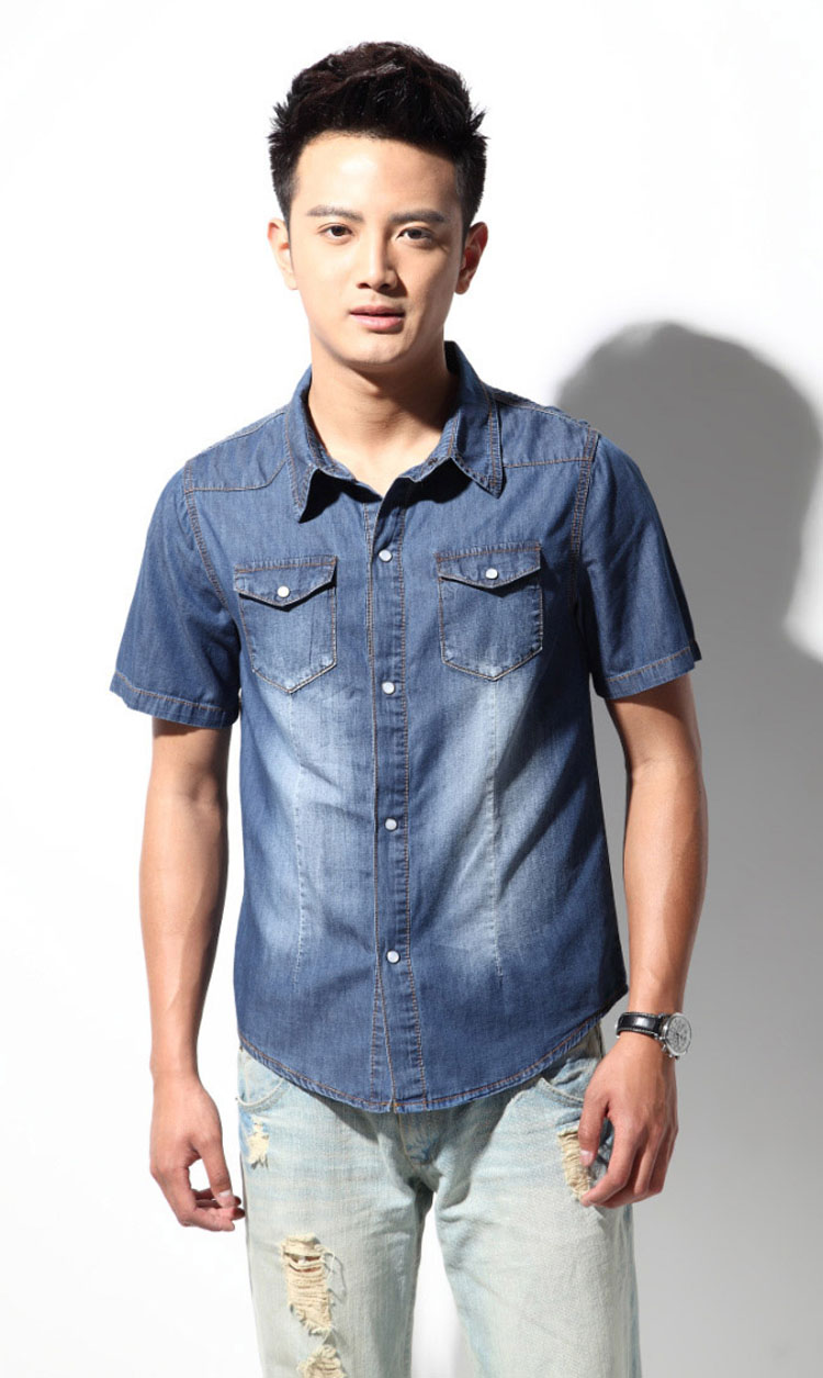 doitnow 2014新款夏季牛仔短袖衬衫 水洗透气牛仔衬衫 男 006 蓝色 l