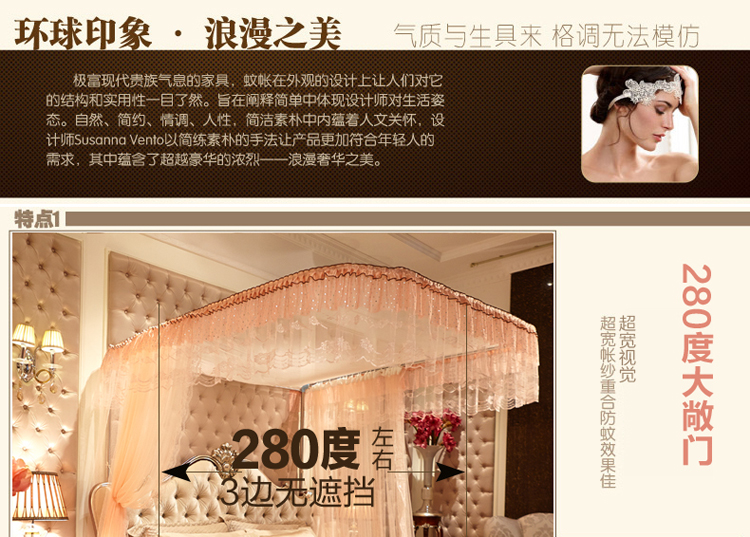 黛芭莎家纺座地型伸缩式导轨豪华 不锈钢落地加粗蚊帐 宫廷蚊帐 8801-艾琳娜-玉色 2.0m床