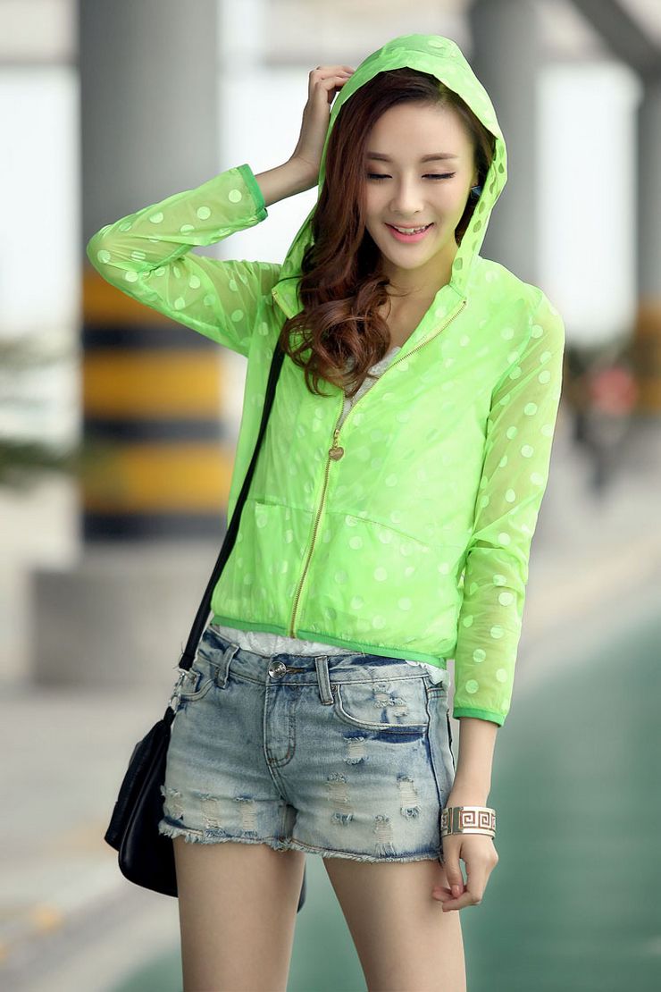 紫蝶依家2013夏季韩版沙滩防晒衣透明长袖短款外套防晒服空调波点短