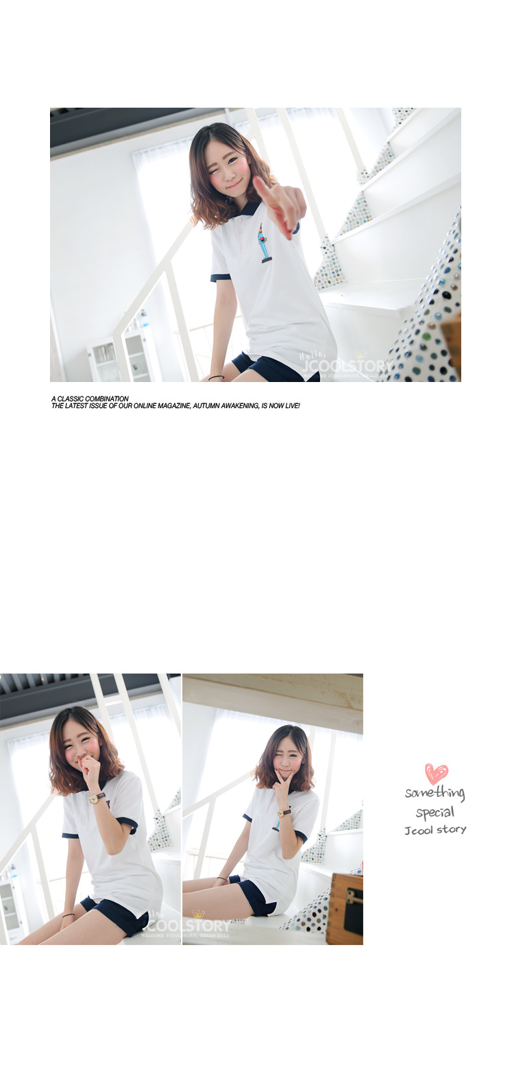 jcoolstory韩国2016夏装新款兵士翻领宽松短袖t恤女韩版polo衫 白色 均码
