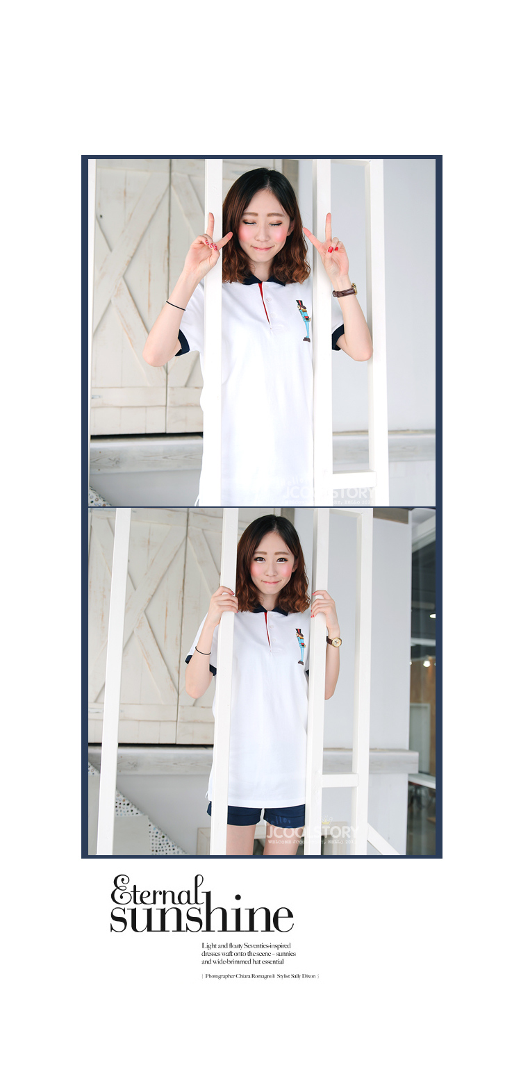 jcoolstory韩国2016夏装新款兵士翻领宽松短袖t恤女韩版polo衫 白色 均码