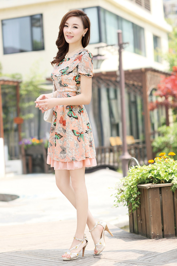 2013夏装新款女装 韩版修身淑女蝴蝶印花雪纺短袖 显瘦连衣裙夏季
