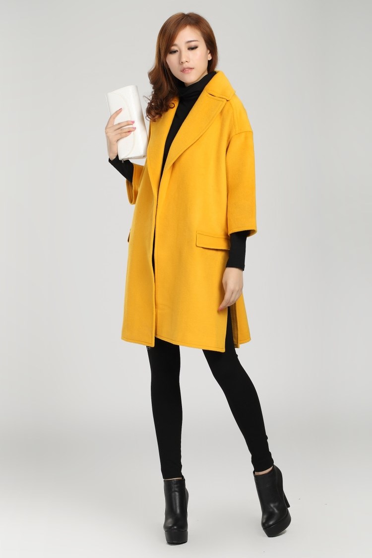 欧美大牌 时尚气质羊绒大衣 宽松休闲中长款外套姜黄毛呢气场大衣