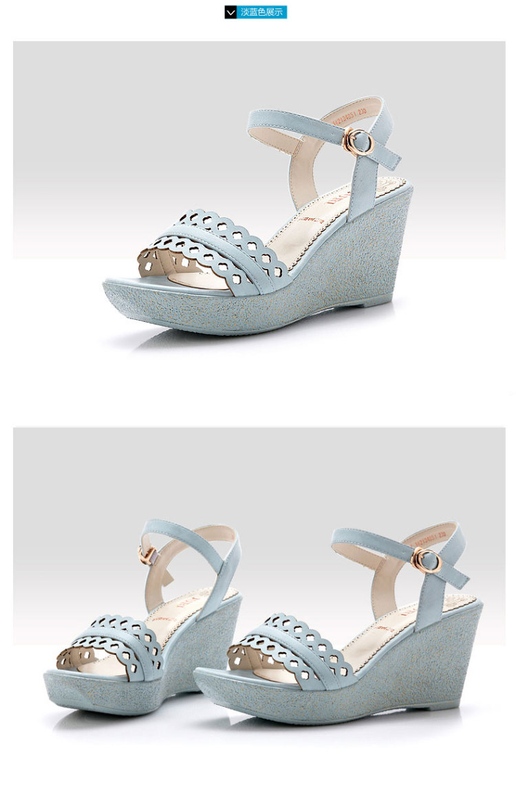 巨日2014夏季新款女凉鞋 镂空脚腕绊带坡跟鞋 软面皮质露趾女凉鞋