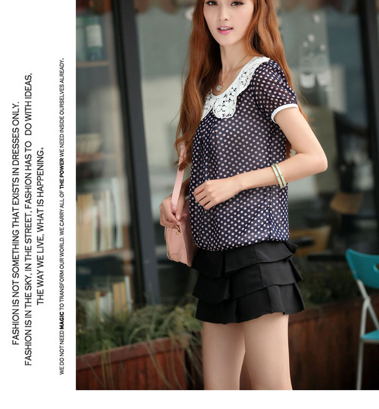 【货到付款】悦欣之恋2013夏装新款韩版女装圆点气质大码娃娃领显瘦