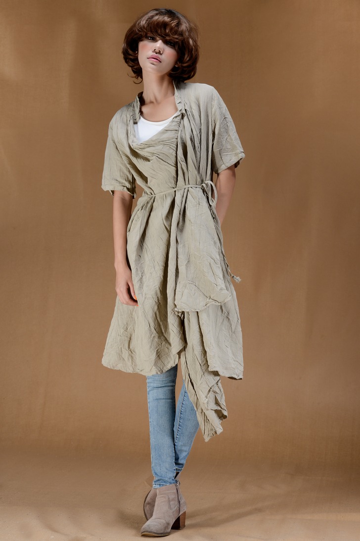 衣色色原创女装夏新款褶皱亚麻长款开衫多穿中袖披风d046 麻色 均码f