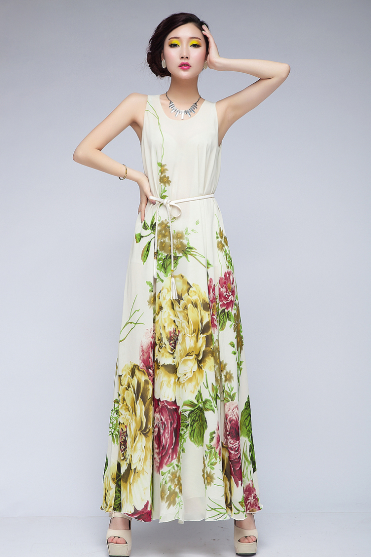 依雅唯2013夏季新大花圆领雪纺连衣裙 白色 m码