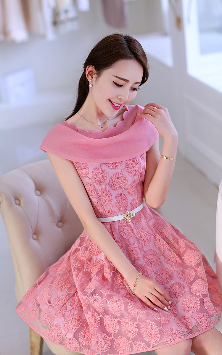 秀衣记 夏季新款女装 韩版时尚优雅高档蕾丝无袖连衣裙 xyj135 粉色