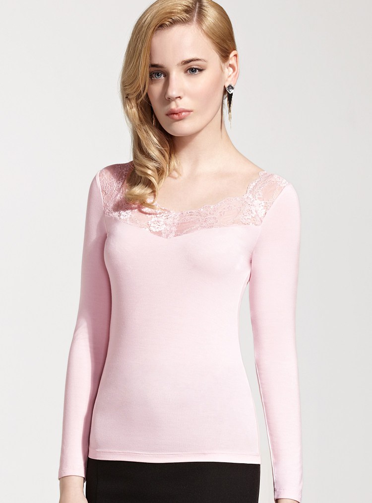梦芭莎内衣女装蕾丝舒适长袖套头打底上衣012114115 粉色 m