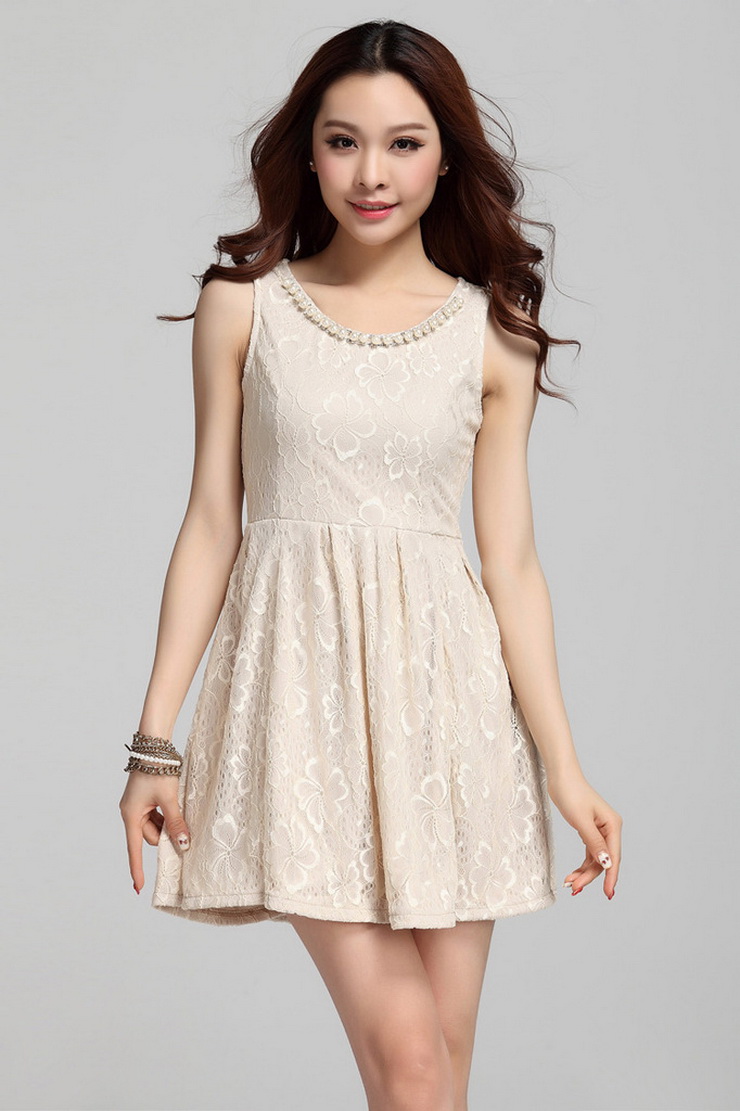 【支持货到付款】爱堤儿2014夏装新款女韩版蕾丝无袖连衣裙a5289 杏色