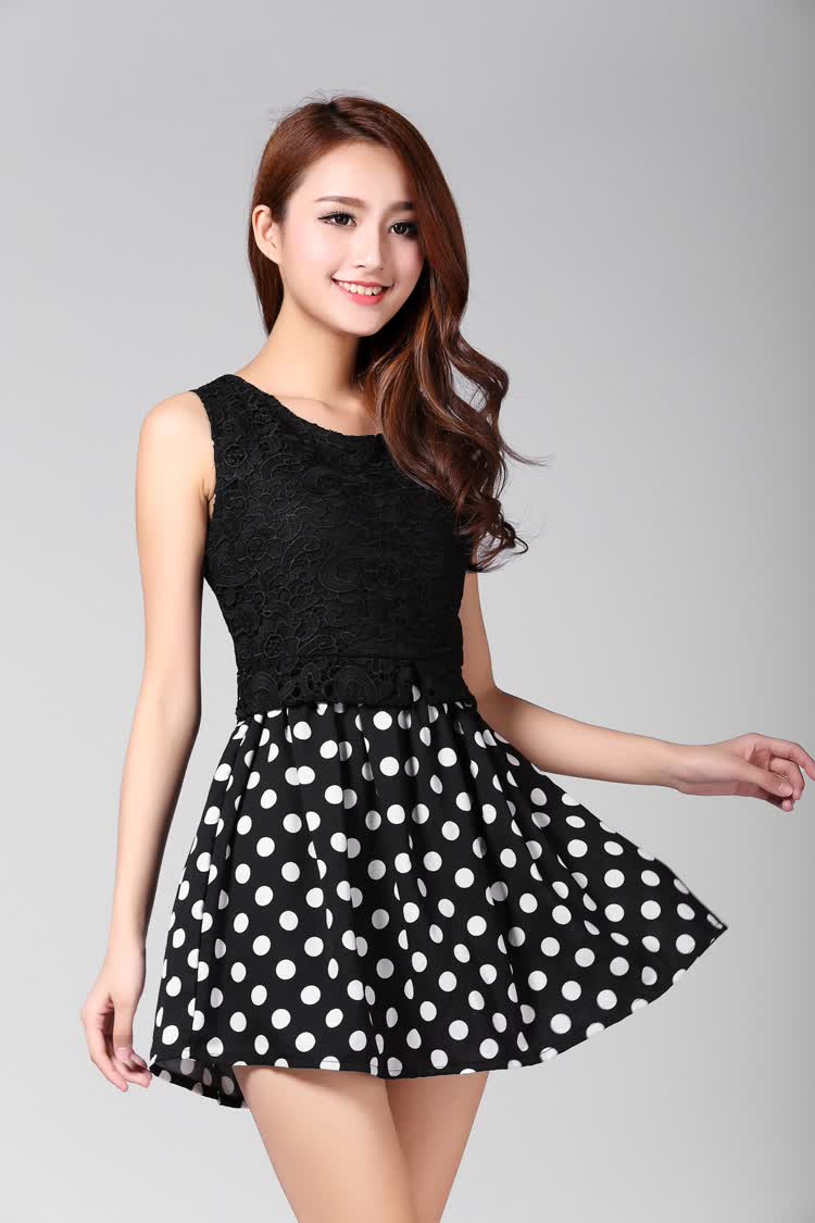 nice lady2014春款女装新品无袖波点雪纺连衣裙 黑色 m
