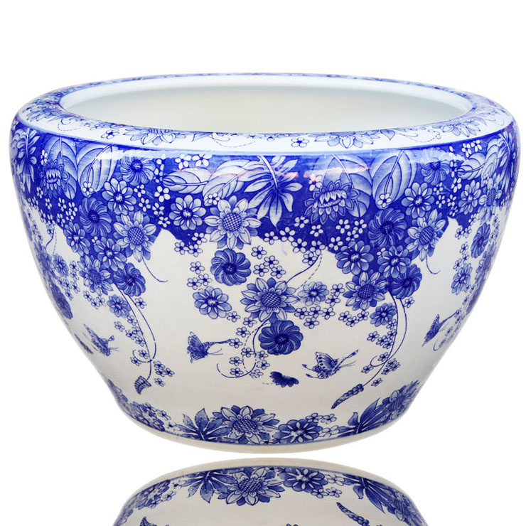 
                                        欢畅 景德镇陶瓷 蝶花恋鱼缸 水族箱 家居装饰品yg23 口径54cm高度36cm                