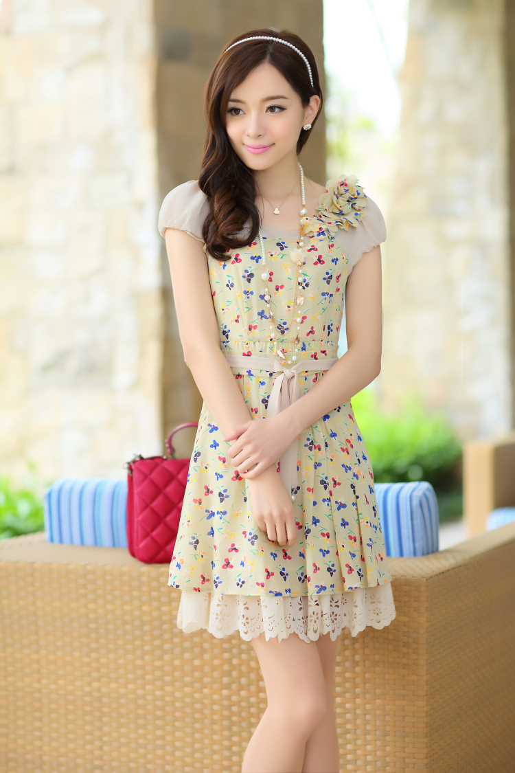 liuminer2014淑女碎花裙雪纺连衣长裙修身短袖8916# 米白色 m