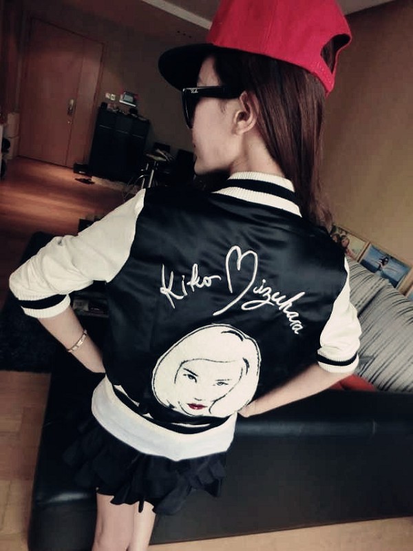 楚尚秀新款女装kiko头像刺绣棒球服夹克短外套7052 蓝色米袖 M