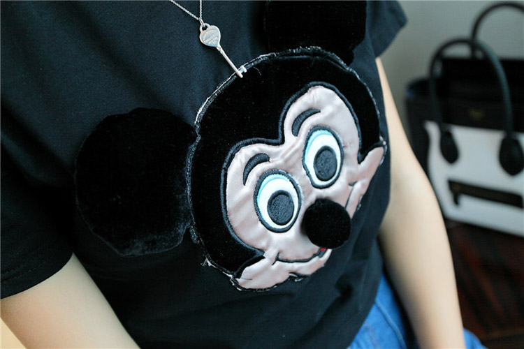 堡帛曼 新款女装 手工缝制米奇头修身短袖t恤上衣女装1003 黑色 均码