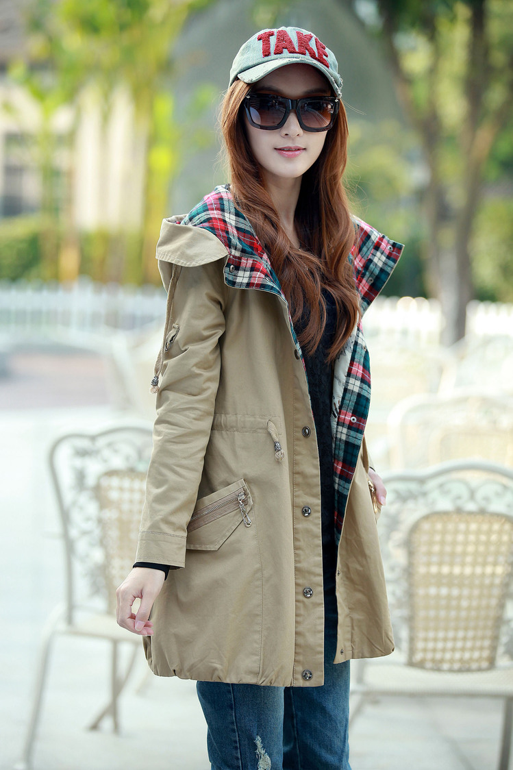 忻怿2013秋装新款带帽风衣中长款休闲长袖外套女f3392 姜黄色 m