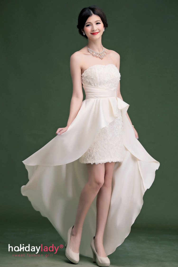 嫒丽思 2014优雅玫瑰蕾丝花大摆燕尾修身宴会新娘伴娘晚小礼服 杏色 m