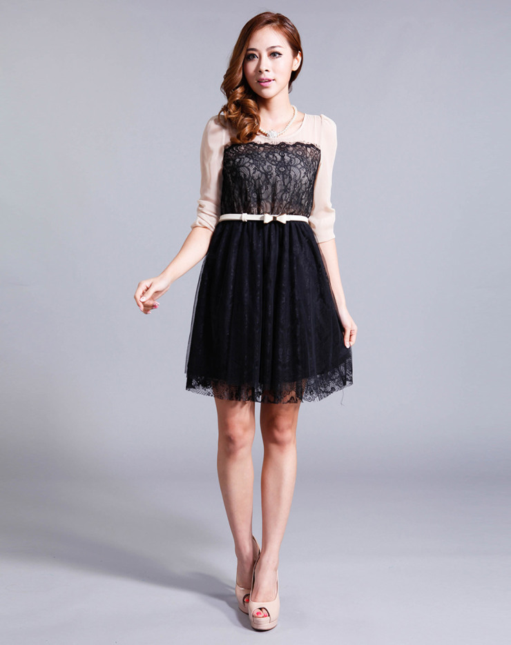 美莎帕mesappas时尚雪纺网纱蕾丝连衣裙8725y 杏色 l