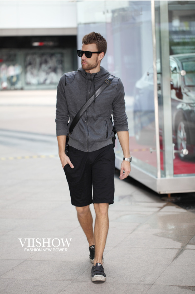 西班牙viishow欧美风 皮质拼接棉质外套 卫衣套装男士连帽卫衣af50005