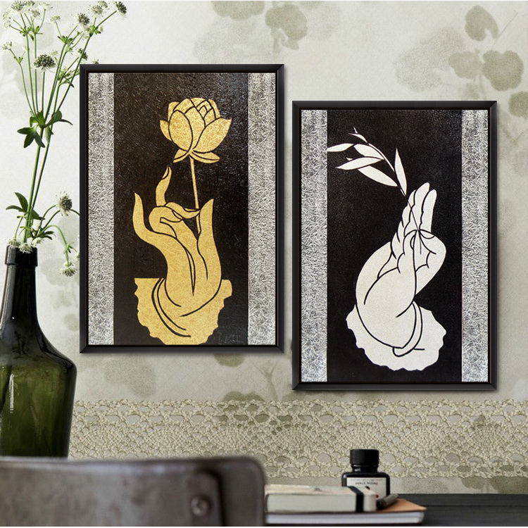 雅创 纯手绘东南亚油画泰式金银箔画客厅装饰画壁画 金银佛手 第二幅